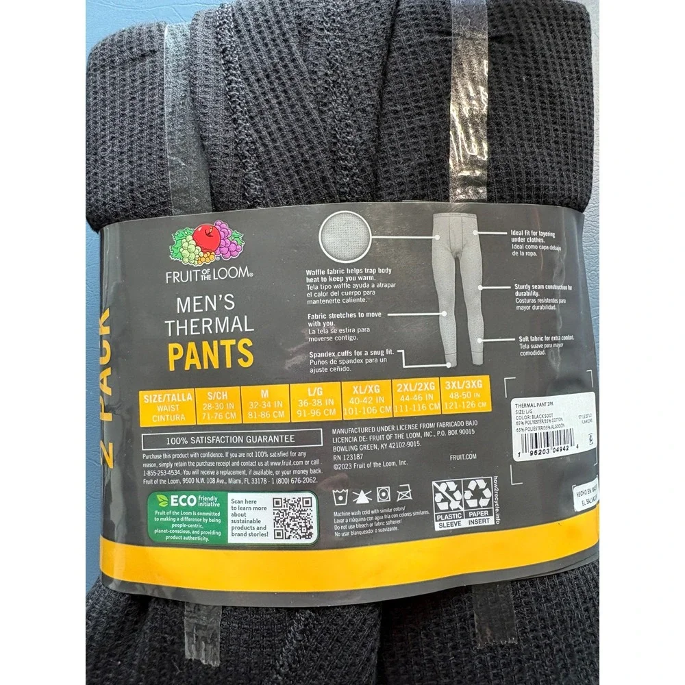 Fruit of the Loom 2 Pack Thermal Pants Men's Large Black Waffle Knit Underwear